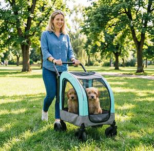 Poussette pour animaux de compagnie brevetée de grande capacité, cadre en acier carbone robuste, chariot pour chien avec fenêtre en maille respirante pour les voyages en extérieur - Product Image 1