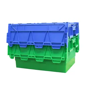 Hot sale plastic tote box stacking crates wholesale moving hinge lids boxes