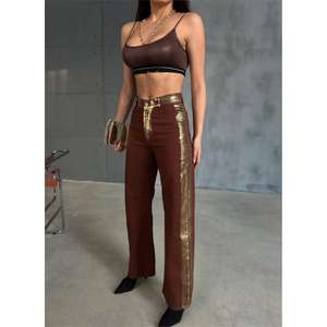 Pantalon palazzo en gabardine marron taille haute à jambes larges pour femme - Product Image 5