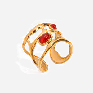 Geometric Red Agate Hollow <b>Open</b> <b>Ring</b> 18K Gold Plated Stainless Steel Unisex Party Jewelry - Product Image 1