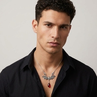 Collier Statement Gothique en Argent pour Homme, Pendentif Fille de Lune Gothique, Goutte de Rubis, Reine des Vampires, Phase de Lune, Chauve-souris