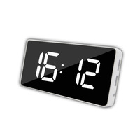 Jam Alarm Digital LED cermin, jam meja Snooze bangun dengan kalender bisu, jam Desktop elektronik dapat diredupkan isi daya USB