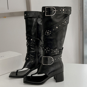 Botas altas de verano estilo western con punta abierta para mujer, con cinturón, hebillas metálicas, tacón medio grueso y cremallera lateral - Product Image 6