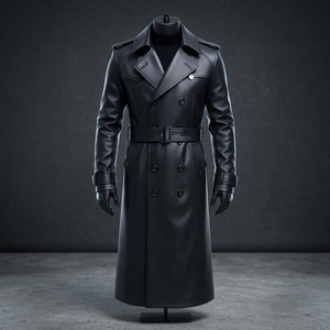 Manteau trench en cuir d'agneau véritable noir, double boutonnage, manches longues, col rabattu, imperméable, polyester, vêtement d'extérieur pour l'automne - Product Image 5