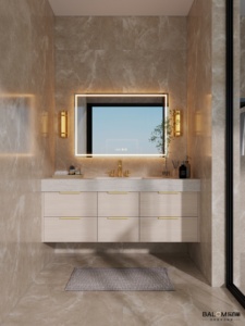 2026 Hot Sale Wood Floating Bathroom <b>Vanity</b> Cabinet with LED <b>Mirror</b> Sintered Stone For Villa Apartment - Product Image 5