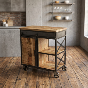 Chariot de cuisine industriel en bois avec roulettes, armoire de rangement à porte pleine, style antique - Product Image 1
