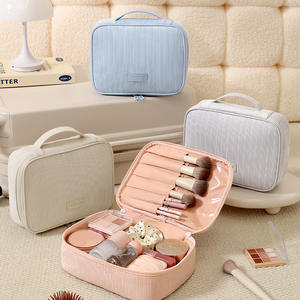 Bolsa de maquillaje Beilian de gran capacidad, rosa, de pana, estuche de viaje para cosméticos con compartimentos para brochas, para mujeres. - Product Image 3