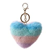 Porte-clés en fourrure personnalisé en forme de cœur moelleux, couleur arc-en-ciel, forme de cœur, mignon, porte-clés personnalisé en fausse fourrure de renard, pompon arc-en-ciel