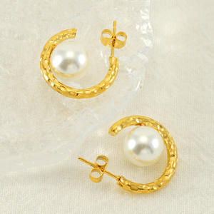 New Elegant 18K Gold Plated Hypoallergenic Titanium Steel Geometric Pattern C-Shape Stud <b>Earrings</b> with <b>Pearl</b> for Women - Product Image 5