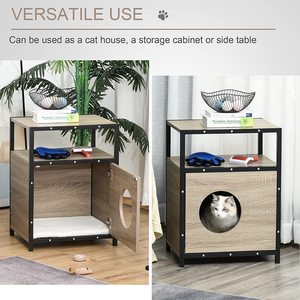 רהיטי חיות מחמד מעץ ומתכת לבית, בית לכלבים וחתולים עם מיטת כרית, שולחן צד דו-קומתי לחתולים, ארון אחסון נסתר - Product Image 4