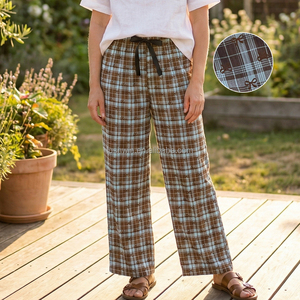 <strong>Women</strong> Plaid Bow Print Pajama Pants Cute High Waist Drawstring Lounge <strong>Trousers</strong> Brown Blue Checkered Sleepwear - Product Image 1