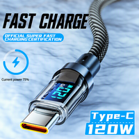 Câble de charge rapide USB A vers Type C 120W avec affichage numérique, cordon de chargeur tressé en nylon pour téléphone portable