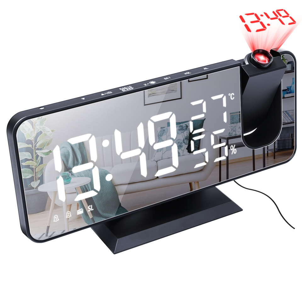 thumbnail image 1 of El más nuevo reloj despertador con proyector 2023 para el techo del dormitorio, radio reloj digital de proyección con alarmas duales, 4 atenuadores, alarma fuerte LED de espejo grande de 7.3 ", 1 of 5