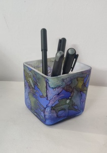 New Custom Luxury Blue-Grey Marbleized High-Quality Handmade Decorative Multi-purpose <b>Small</b> Square Petal <b>Candle</b> Glass Votive Jar - Product Image 2