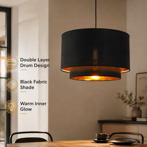 Lámpara colgante moderna de tela negra con pantalla de doble capa de 40 cm y estructura de hierro para comedor interior, hogar o restaurante. - Product Image 2