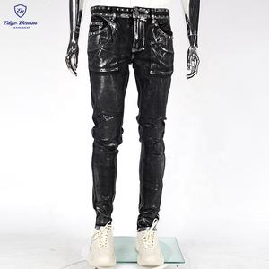 EDGEDENIM <span class=keywords><strong>Jeans</strong></span> Personalizzati Nuovo Stile Revival Skinny in Pelle Cerata Stile Rock con Stampa in Lamina Argento <span class=keywords><strong>Jeans</strong></span> Rivestiti in Cera per Uomo - Product Image 3