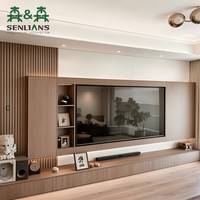 Meuble TV mural intégré de luxe avec foyer linéaire, texture marbre, meuble multimédia rétroéclairé pour maison design