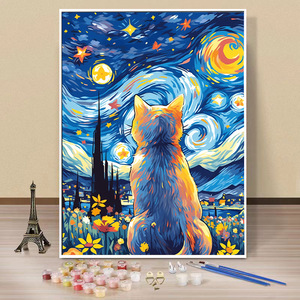 Peinture à l'huile numérique DIY Star Cat, vente en gros d'usine, fleurs et paysages inspirés de <span class=keywords><strong>Van</strong></span> <span class=keywords><strong>Gogh</strong></span>, art décoratif peint à la main - Product Image 2
