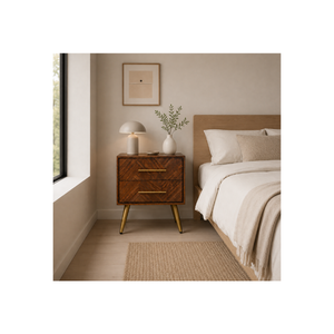 Modern Wood Nightstand <b>Bedside</b> <b>Table</b> with 2 Drawers Chevron Front OEM ODM Custom Supplier Direct Supply Bedroom Furniture - Product Image 1