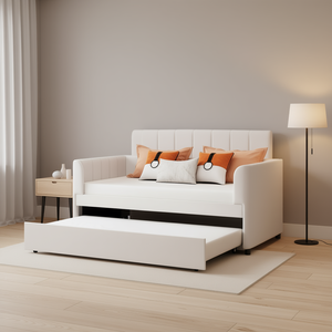 Lit de repos double beige rembourré avec lit gigogne, design moderne de canapé-lit - Product Image 2