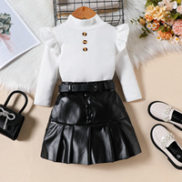 Ensemble trois pièces pour filles : haut à col haut en coton uni à manches longues + jupe plissée en cuir PU avec ceinture