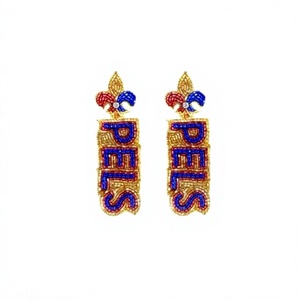 Handmade Beaded Dangle Earrings With Fleur De Lis And Pels Letter Design Gold <b>Red</b> Blue Color Rectangular Shape Jewelry - Product Image 1