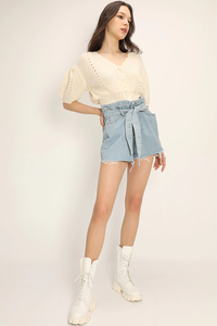 Cárdigan de <span class=keywords><strong>punto</strong></span> grueso con cuello en V y mangas cortas abullonadas para mujer, talla única, estilo casual de primavera 2022, con un solo botón - Product Image 6