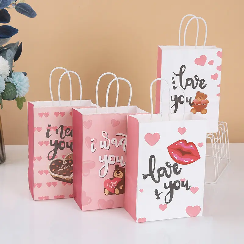 Groothandel Valentijnsdag Cadeauzakjes Wit Roze Love You Beer Patroon Cartoon Schattige Kraftpapier Valentijn Tassen Met Handvatten