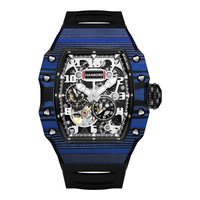 Montre mécanique automatique multifonction pour homme HANBORO, importée, boîtier en fibre de carbone, bracelet en caoutchouc, aiguille en verre, 5 BAR étanche