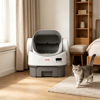 Kotak Kotoran Kucing Otomatis Terbuka di Atas, Membersihkan Diri Sendiri, untuk Beberapa Kucing, Ruang Luas, Pintu Masuk Rendah, dengan Tempat Sampah 8L, Kontrol via Aplikasi, Bebas Bau