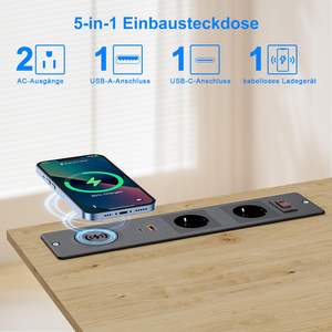Enchufe de escritorio industrial empotrado de fábrica con cargador inalámbrico integrado, regleta de 2 tomas con interruptor, oculto para muebles - Product Image 2