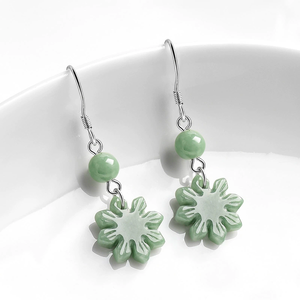 S925 <b>silver</b> <b>set</b> with natural emerald bean-green sunflower-shaped <b>earrings</b>. Bean-shaped jadeite ancient-style women's <b>earrings</b> - Product Image 3