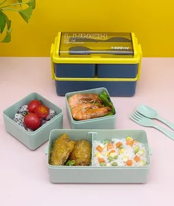 กล่องอาหารกลางวันพลาสติกสองชั้นพร้อมช้อนส้อมภาชนะปิกนิกอาหารเช้าแบบพกพาสำหรับโรงเรียนสำนักงาน