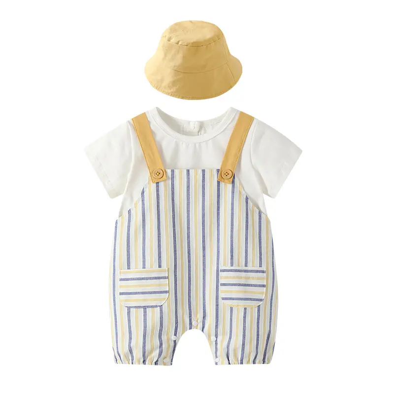 2024 tutina estiva per bambini a manica corta Odm fornitura di cotone sottile strisce due pezzi bretelle abbigliamento per neonati