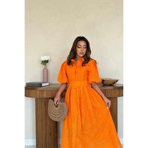 Wholesale Orange Pleated Balloon Sleeve <b>Dress</b> Formal Party Wear Sexy Summer <b>One</b> <b>Size</b> XS-6XL with Zipper Decoration - Product Image 3