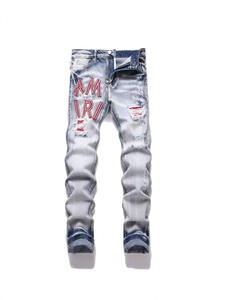 AM الرجال الرجعية فاتح الجينز الأزرق عارضة نمط مستقيم بالأسى تمتد المطبوعة قماش الدنيم المصبوغ - Product Image 4