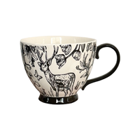 Tasse à café grande capacité en porcelaine fine, style vintage, motif cerf floral, forêt nordique, faune, finition brillante, couleur