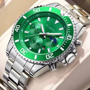 Montre-bracelet pour homme <span class=keywords><strong>CUENA</strong></span> 6003, calendrier de date, bracelet en acier inoxydable doré, cadran 12/24 heures, aiguilles lumineuses, cadran vert - Product Image 1