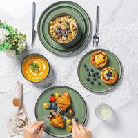 EKA Service de vaisselle style américain à glaçure réactive verte, 12 pièces, assiettes et bols en céramique, service de vaisselle en porcelaine