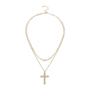 שרשרת תליון צלב כפול שכבתי אופנתית לקיץ 2026, משובצת מיקרו-אבני חן, שרשרת חוליות מסגסוגת יהלומים, יבוא - Product Image 2