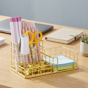 Organisateur de bureau en acier inoxydable doré, panier de rangement à un seul niveau, multifonctionnel pour fournitures de bureau, papeterie, minimaliste - Product Image 4