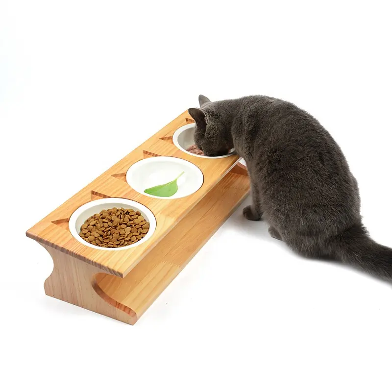 3 그릇이있는 맞춤형 나무 고양이 피더 고양이 먹이 그릇 세트 나무 스탠드와 맞춤형 애완 동물 요리 그릇