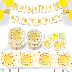Sun Party Tableware Set Includes Paper Tray Napkin Yellow Fork Disposable Lunch Party Supplies Birthday Picnic Baby Shower Decor