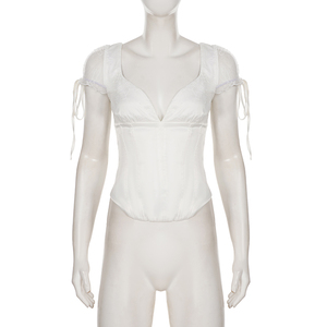 Blusa Elegante de Satén Blanco con Encaje Francés, Manga Corta, Cintura Ajustada con Lazo, Cuello en V, Ajustada y Básica para Mujer - Product Image 6