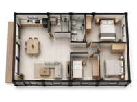 Casa Modular de 3 Dormitorios, Casa Prefabricada de Acero con Terraza, 2 Baños, Cocina, Sala de Estar, Proyecto Residencial
