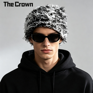 Bonnet tricoté personnalisé de haute qualité, effet vieilli, duveteux et moelleux, surdimensionné, noir et blanc, chaud pour l'hiver, unisexe, vente en gros - Product Image 1