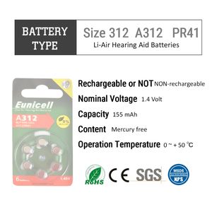 แบตเตอรี่เครื่องช่วยฟังแบบเซลล์กระดุม ซิงค์แอร์ ปราศจากสารปรอท 1.45V รุ่น A312 PR41 A675 ของจีน 312 - Product Image 4