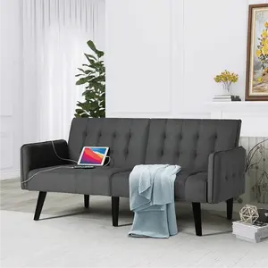 SANS Modern Fabric Linen Upholstered Convertible 2 USB Ports Folding Futon Couch Sofa Bed Foldable Loveseat Furniture