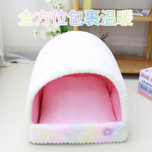 Niche pour chat semi-fermée en forme de nid d'arc-en-ciel, en fausse fourrure, pour chien, forme rectangulaire, lavable à la main, abri chaud et confortable - Product Image 5