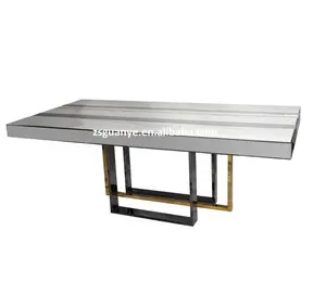现代热销三色条纹，金属腿镜面玻璃餐桌，用于餐厅家具